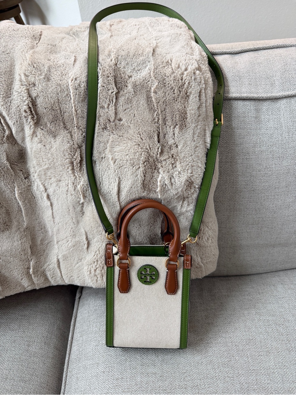 Tory Burch Green, Brown & Cream Canvas Blake Mini Crossbody - Picture 2 of 11